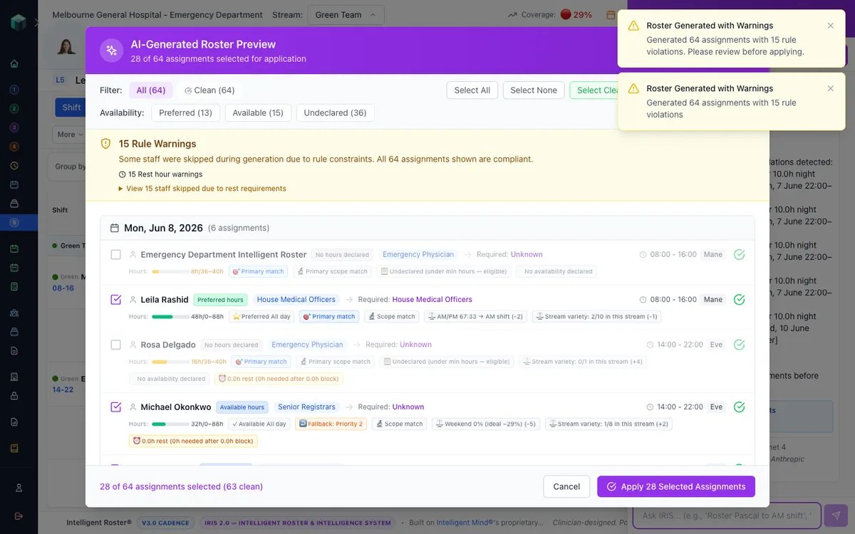 AI-Generated Roster Preview with availability filters and checkboxes