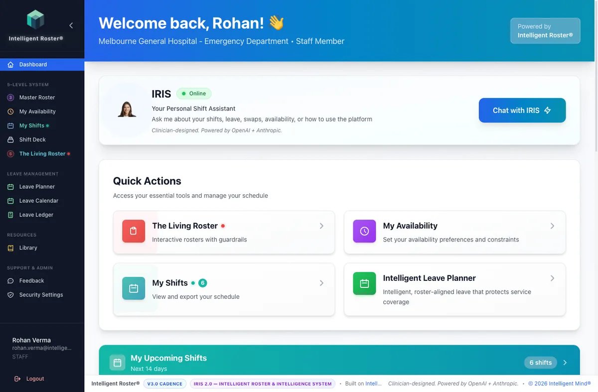 Staff dashboard with quick actions and upcoming shifts
