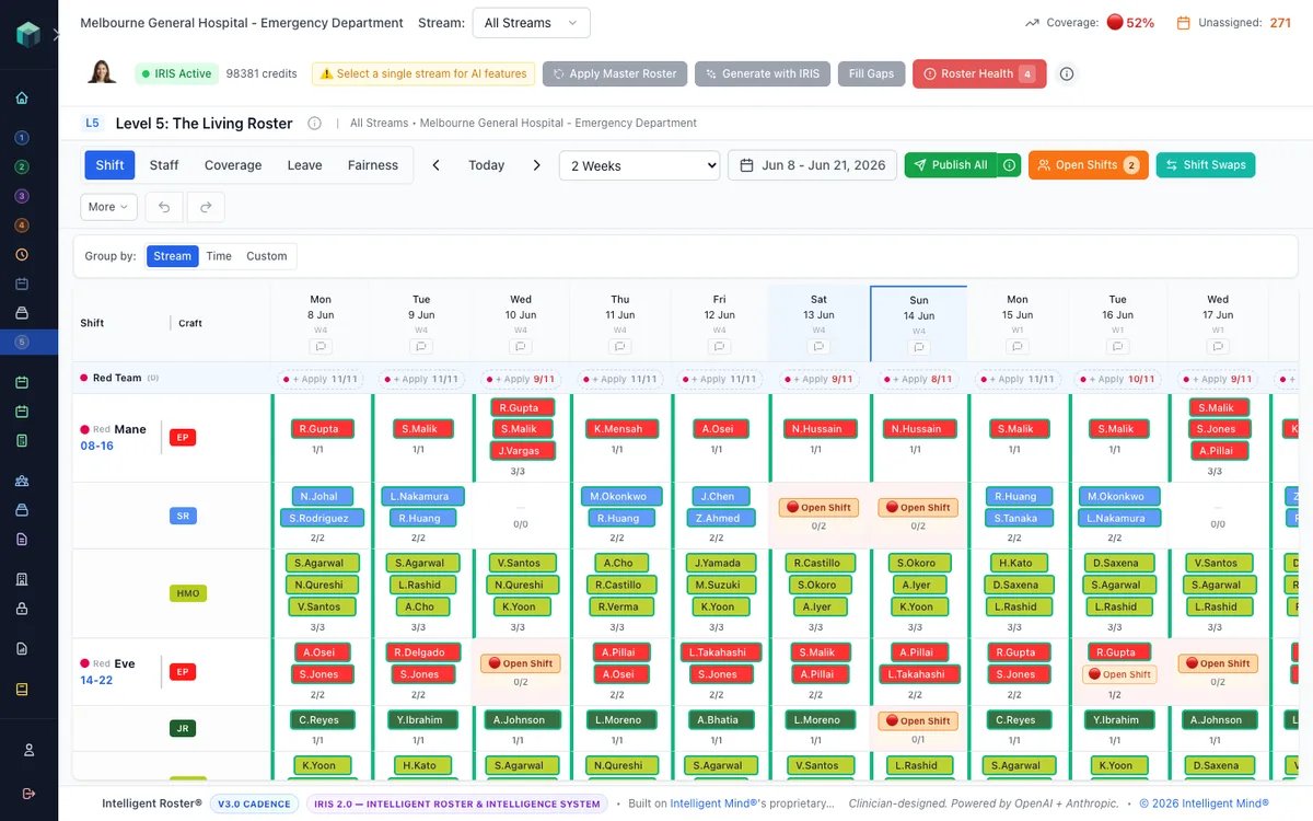 Living Roster admin view with Intelligence Bar and shift grid