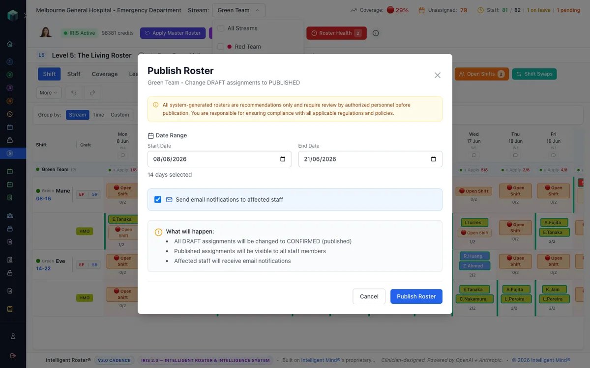 Publish Roster modal with date range and confirmation