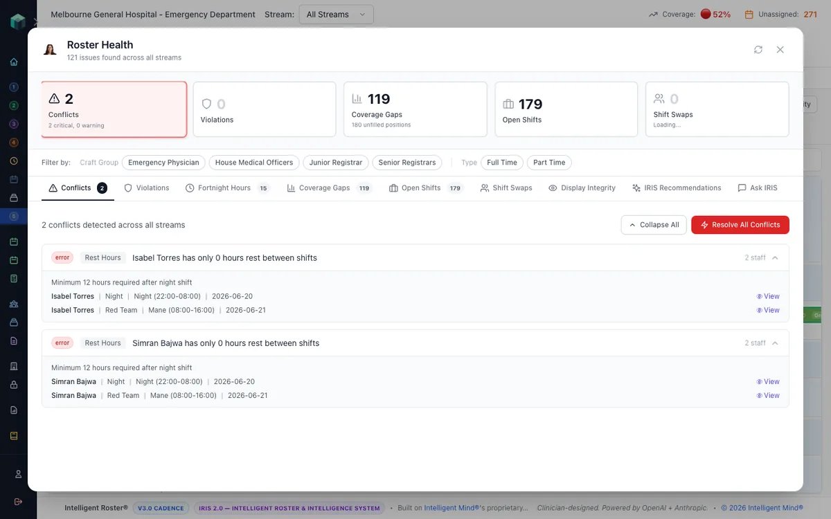 Roster Health modal with summary cards and issue tabs