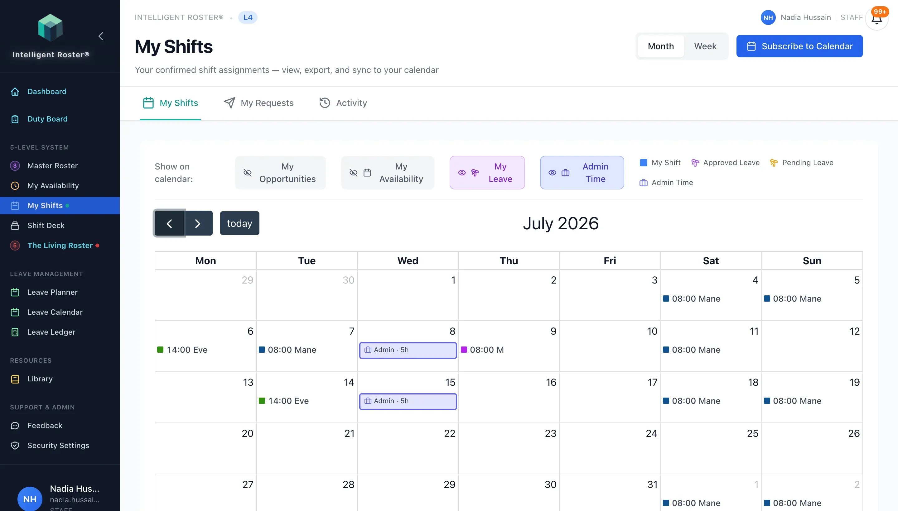 My Shifts calendar with assigned shifts