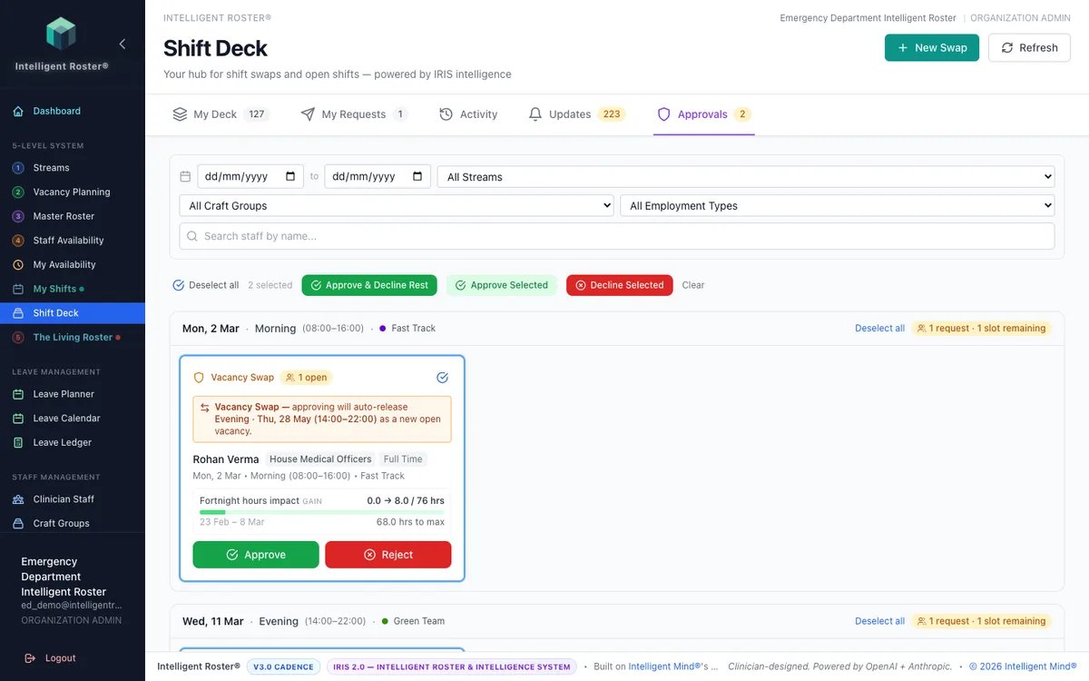 Shift Deck Approvals tab with bulk Approve and Decline actions