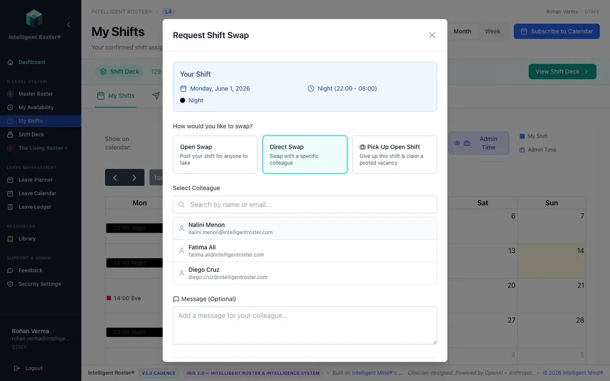 Request Shift Swap modal with Direct Swap selected and colleague search