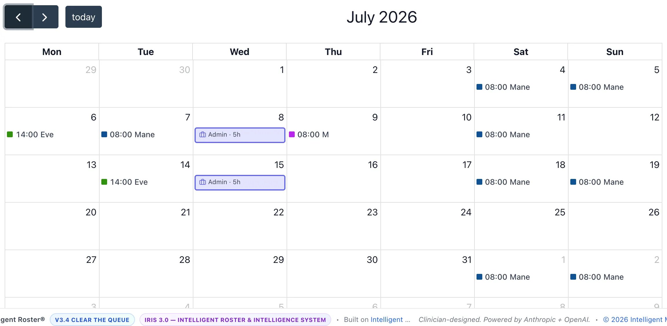My Shifts calendar for July 2026 showing confirmed morning, evening, and admin assignments